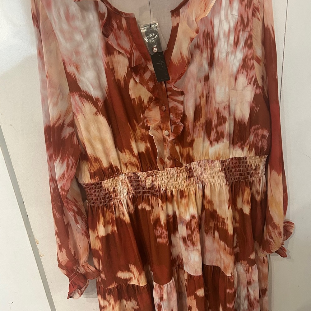 Belldini Rust and Cream Tie-Dye Long Sleeve Tiered Dress - Picture 12 of 12